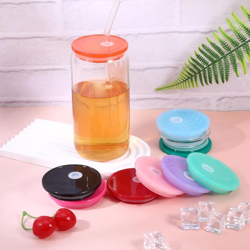 YONHTUTU 12 Pack Acrylic Lids for 16 oz / 20 oz Glass Cups, Replacement Lids with Straw Hole for Mason Jar, Spill Proof Reusable Plastic Bamboo Cover for Beer Can Iced Coffee Tumbler Cup Gifts, Multi-Colored - Image 5